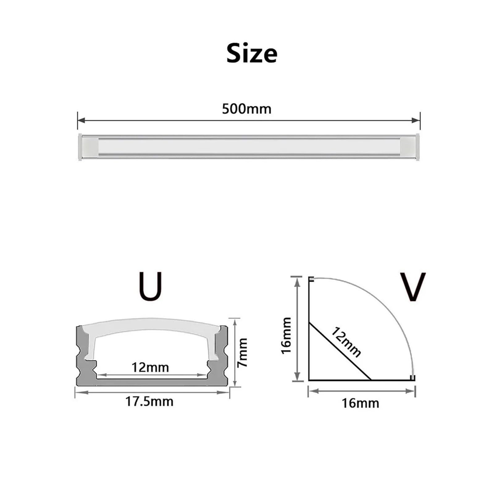 1–10 Stück LED DC12V 50 cm 20 Zoll SMD5730 36 LEDs U/V-förmiger Flacher Aluminiumkanal starrer Streifen(7pcs,V Transparent 6000K)