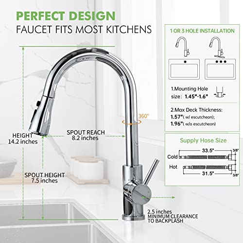 Chrome Kitchen Faucet With Sprayer, Vfauosit Pull Down Faucet For Kitchen Sink High Arc Stainless Steel Single Handle Single Hole One Hole Or 3 Hole For Rv Laundry Room Or Utility Sink #TOP1