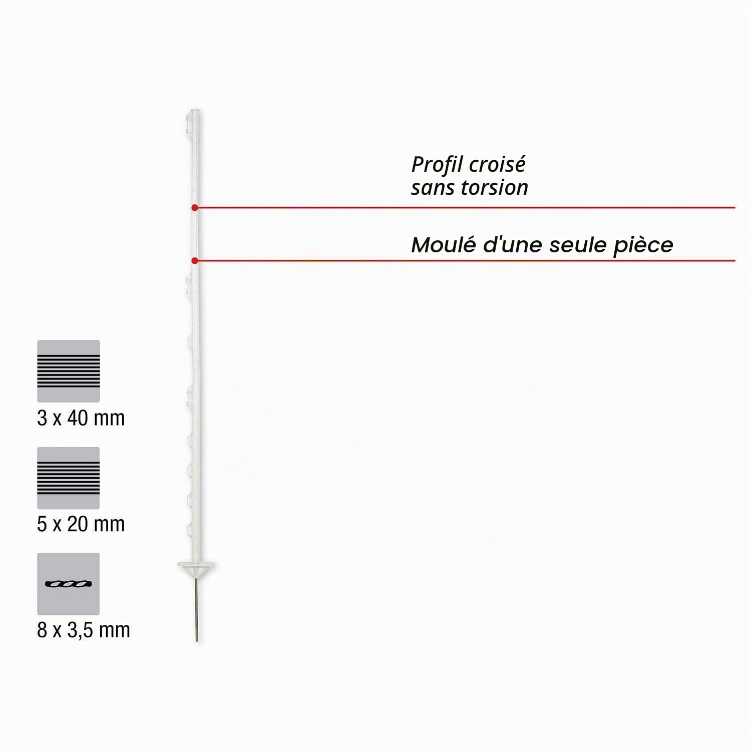 horizont Piquets de clôture plastique blanc, piquets plastique 20 pièces, hauteur 156 cm, avec 8 oeillets pour rubans, cordes, torons, avec double pas