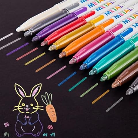 KERIFI Metallic Markers Paint Pens: 12 Medium Point Metallic Pens Glitter Markers for Black Paper, Scrapbooking, Greeting Cards, Rocks, Albums, Metal, Glass, Plastic, Wood, Pumpkins, DIY Crafts Cover