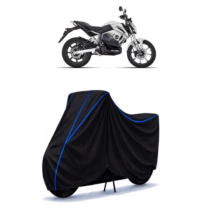 Image of Revolt RV 400 Bike Cover Water Resistant Universal Motorcycle Rain | Heavy Duty UV Protection, Dust, Scratch Indoor Outdoor All Weather with Black Blue Piping Elastic