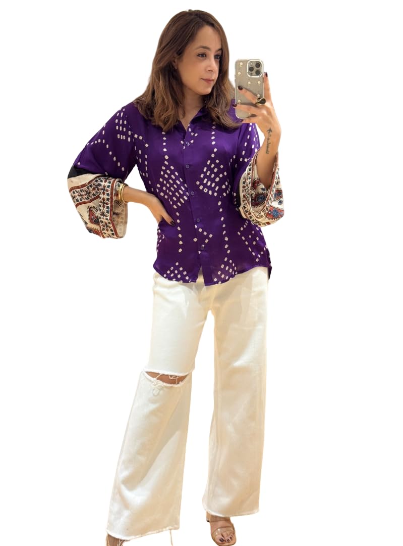 Women's Purple Button-Down Shirt with Embroidered Bell Sleeves, Collared Neck, Ethnic Print Cuffs-picture-26