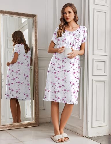 Image of Ekouaer Nightgowns for Women with Pockets Button Front Short Sleeve House Dresses Floral Print Mumu Dress