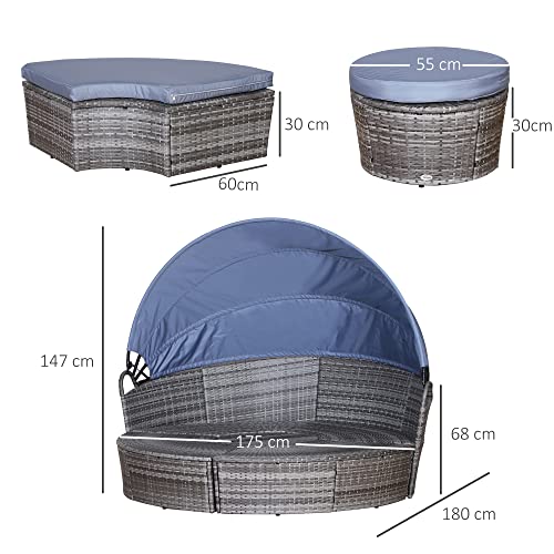 Outsunny Outdoor PE Rattan Garden Furniture with Cushioned, Patio Wicker Conversation Furniture Set, Round Daybed with Retractable Canopy, Coffee Table and Three Pillows, Grey/Blue Grey 3 Outsunny Outdoor PE Rattan Garden Furniture with Cushioned, Patio Wicker Conversation Furniture Set, Round Daybed with Retractable Canopy, Coffee Table and Three Pillows, Grey/Blue Grey - Image 3