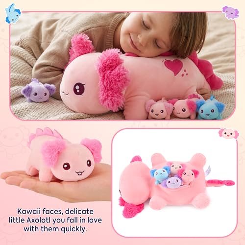 Image of Onsoyours Original 5PC Axolotl Stuffed Animals with Babies Inside, Kawaii Axolotl Plush with Mommy & 4 Baby - Cute Soft Plushies Toys for Girls Kids