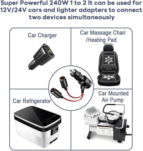 Image of 1 to 2 DC 12V /24V Cigarette Lighter Splitter, Car Power Adapter with Dual Sockets, ON Off Switch, 15cm Extension Cable, UL 15A Fuse