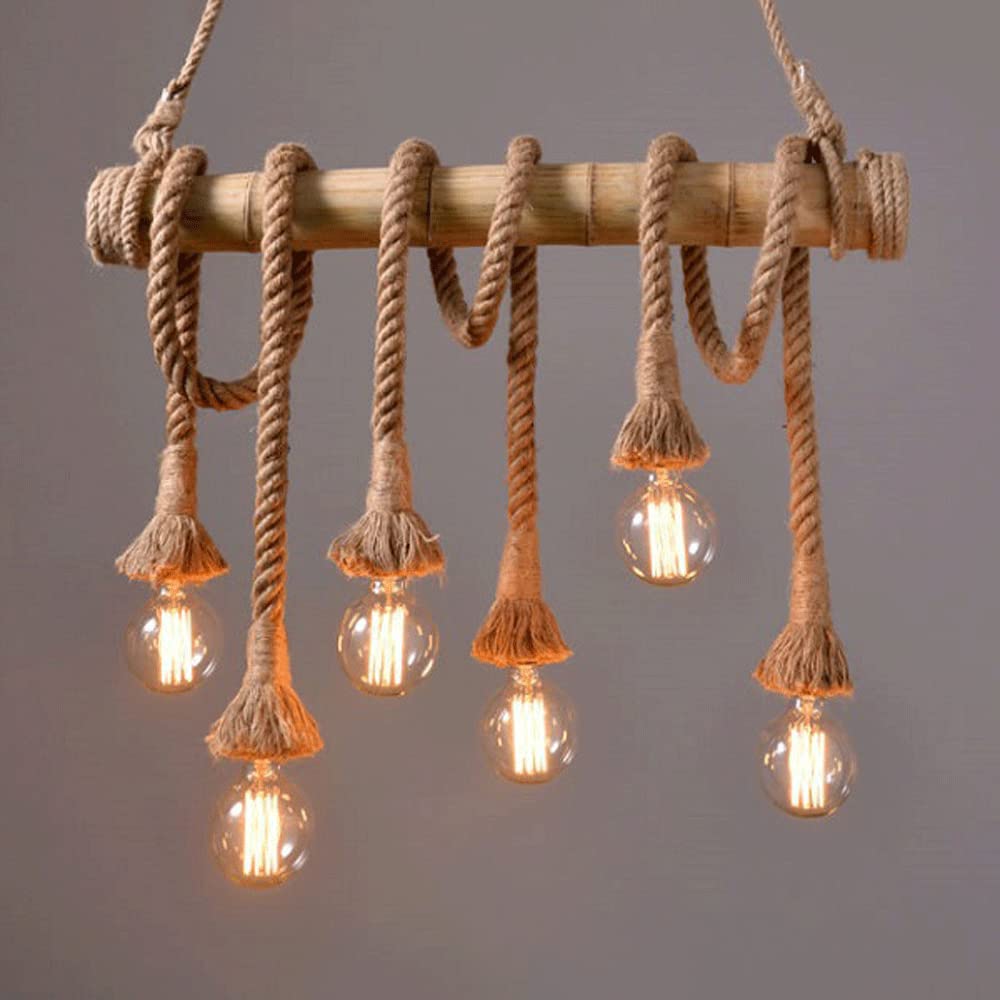 Lámpara colgante de cuerda de cáñamo para cocina, isla, lámpara colgante, candelabros de bambú vintage, lámpara colgante industrial rústica para dormitorio, restaurante, cafetería, decoración de bar