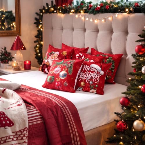 FuWeave 6 Pcs Red Christmas Pillow Covers 18 x 18 Inch Santa Claus Snowman Pillowcase Vintage Xmas Wreath Pine Branch Cushion Covers Decorative Rustic Square Cases for Farmhouse Sofa Couch Decor — view 4