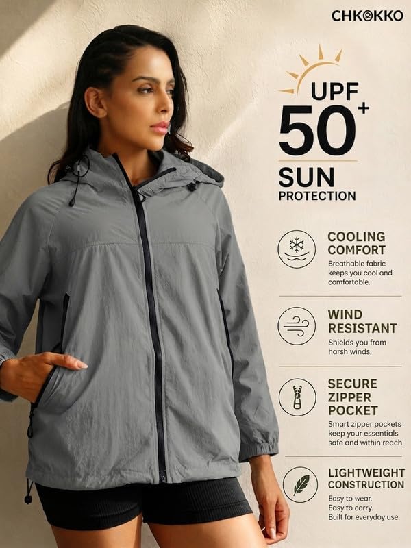 Image of CHKOKKO Sunscreen Jacket For Women With Hood Upf 50+ UV Tan Sun Protection | Wind Proof Lightweight Breathable Quick-dry Water-repellent Fabric | For Gym Sports Running Biking And Dailywear