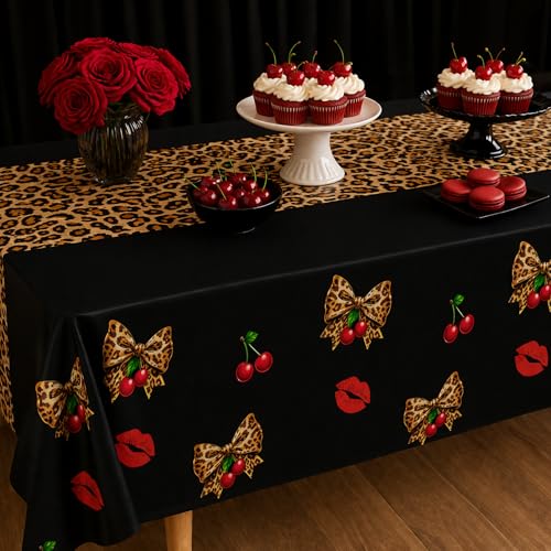 Image of Blue Orchards Cheetah Cherry Table Cover (Pack of 3) 108 inch x 54 inch - Trendy Cheetah Cherry Table Decoration, Aesthetic Accent and Backdrop, Party Setter, Decorative Animal Party Accent
