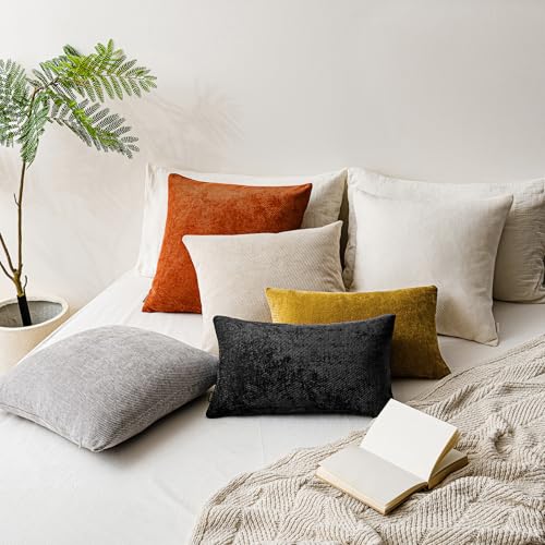 Image of a moment Pack of 2 Decorative Chenille Throw Pillow Covers with Twill Cushion Covers for Sofa Living Room Couch Bed 24x24 Inch Black
