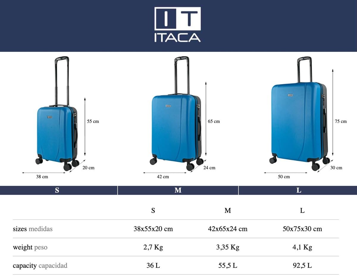 ITACA - Zestaw 2 sztywnych walizek podróżnych 55/65 cm 4 Koła ABS. Odporne i lekkie. Górne i boczne uchwyty. Zintegrowana blokada szyfrów. Średni i duży XL. 71116, Niebiesko-antracyt
