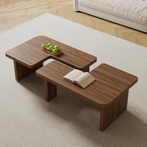 FHKJ Mid Century Modern Coffee Table for Living Room, Wood Coffee Table with Free Adjustable Shape, Square Living Room Table Minimalist Tea Table, Brown Nesting Table Set of 2