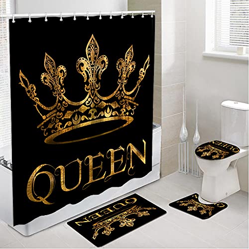 OuElegent 4-teiliges Queen-Duschvorhang-Set mit rutschfesten Teppichen, WC-Deckelbezug und Badematte, Schwarz und Gold… – Bild 5