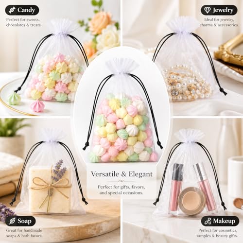 Image of Hopttreely White Organza Bags with Black Drawstring, 4x6 Inch Premium Mesh Drawstring Gift Bags for Party Favors, Jewelry, Weddings, Small Business, Baby Shower, Graduation, Candy & Goodie Bags