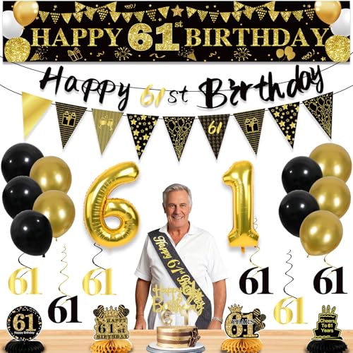 Image of 61st Birthday Decorations for Men, Black Gold 61st Party Decoration Kits | 27pcs Happy 61st Birthday Set, Banner, Honeycomb, Balloons, Gold Number, Candle, Hanging Swirls, Cake Topper, Party Supplies