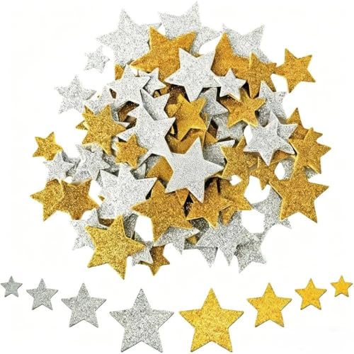 AYZDJ 200 Autocollants D'étoiles Dorées Et Argentées, Étoiles En Mousse De Tailles Mélangées Avec Paillettes, Pour Scrapbooking, Artisanat Et Décorations De Noël