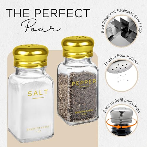 Image of Gold Salt and Pepper Shakers Set by Brighter Barns - Gold Kitchen Decor & Accessories - Neutral Minimal Decor - Modern Glass Shakers with Stainless Steel Lids for Home, Restaurants
