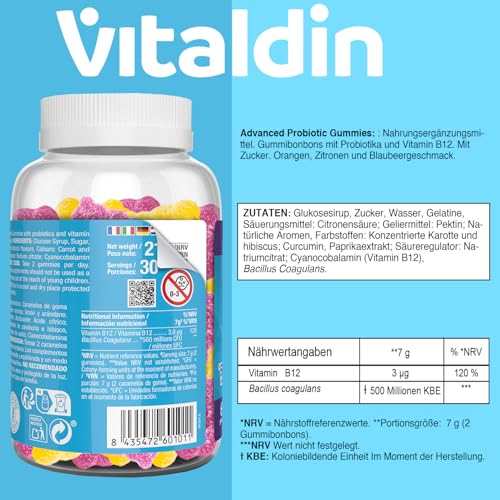 VITALDIN Kulturen Komplex Gummies – Bakterienstamm Bacillus Coagulans 500 Millionen KBE Dosis pro Tag & Vitamin B12 – 60 Gummibärchen (1 Monat) – Darmflora - Glutenfrei - für Kinder & Erwachsene – Bild 6