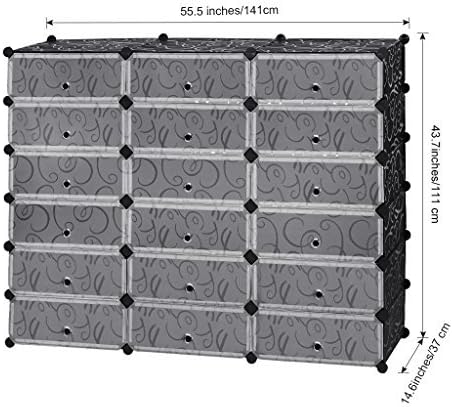 LANGRIA 18-Cube DIY Shoe Rack, Storage Drawer Unit Multi Use Modular Organizer Plastic Cabinet with Doors, Black and White Curly Pattern