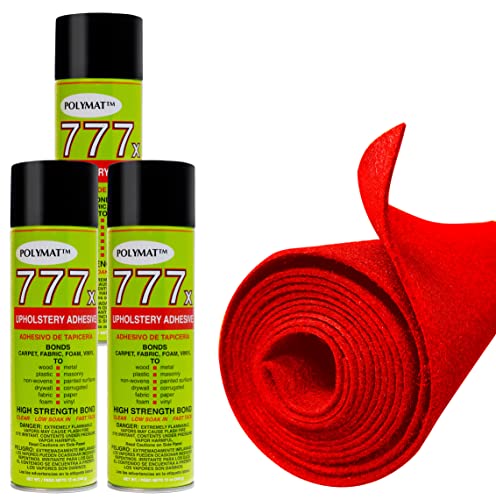 12FT x 3.75FT Red Carpet ROLL + 3 CANS of 777 Glue for Polymat Series 35 Latex Backed-Carpet