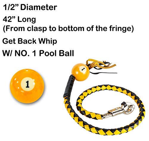 Dream Apparel 42” Leather Motorcycle Get Back Whip for Handlebar Fringed Biker Whip With Pool Ball, Black and Yellow