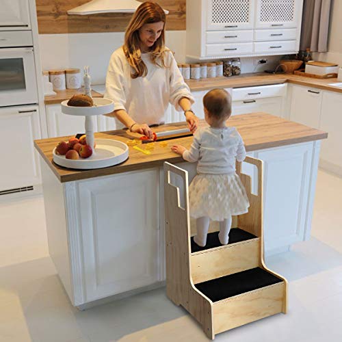 KINGSO Kitchen Helper Stool for Kids, Toddler Step Stool, Wood Step Stool with Support Handles and Non-Slip Mat, Two Step Counter Height Kids Step Stool, Natural