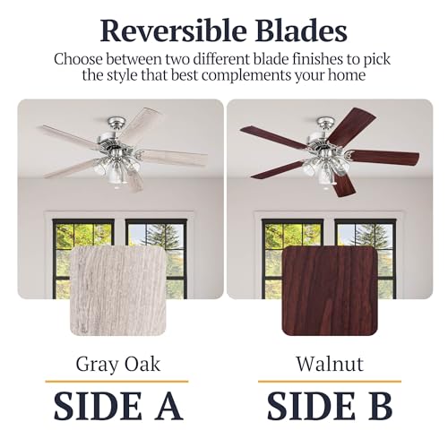 Image of Prominence Home Saybrook Modern Farmhouse 52 Inch Ceiling Fan with Light, LED Ceiling Fan, Tri-Mount Indoor Fan with 5 Blades, Gray Oak and Brown Walnut Blade Finish Options, Matte Nickel (51592-01)