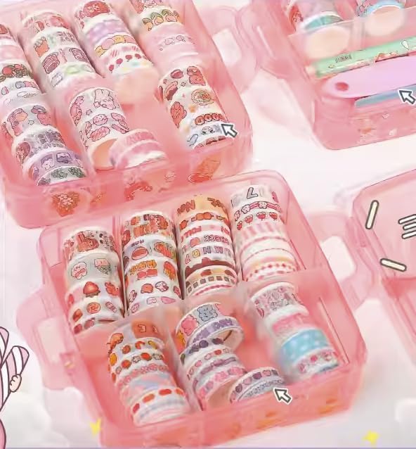 Image of Washi Tape Set - 100 Pcs Decorative Designer Tapes + 20 Kawaii Stickers, Tweezer, Pen, Spatula in 3-Layer Storage Box | Masking Tapes for DIY Crafts, Journaling, Scrapbooking (MODEL 2)