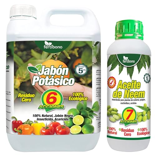 Fertibono PotaNeem: Concentrado Jabón Potásico y Aceite de Neem Extraído en Frío - 5L+ 1L - Máxima Eficacia y Ahorro en Control de Plagas para Plantas y Huertos