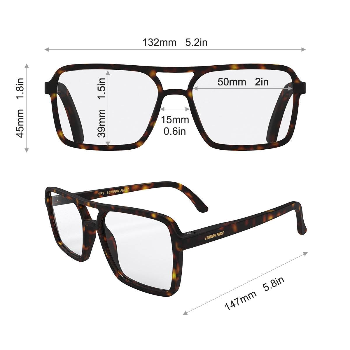 LONDON MOLE® Spy gafas de lectura | Cool lectores de piloto en forma de cuadrado | Unisex para hombres y mujeres | Bisagras de primavera