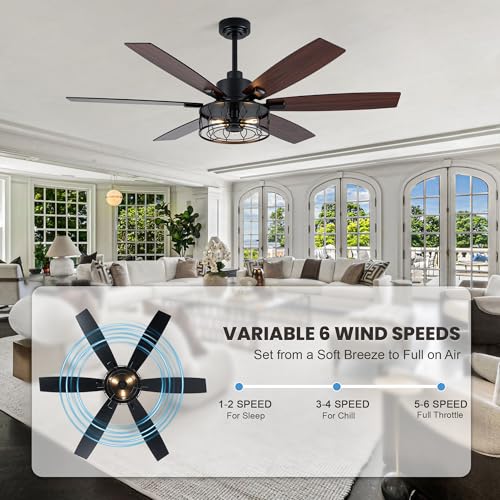 Image of Dawn Whisper Black Ceiling Fans with Lights 60 Inch Farmhouse Ceiling Fan with Remote Quiet Reversible DC Motor 6 Speeds 8 Blades Large Industrial Chandelier Fan for Living Room Bedroom