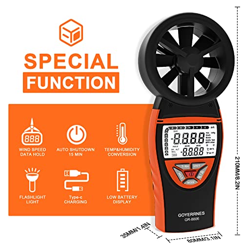Anemometer Handheld, Digital Wind Speed Meter Portable Air Flow Gauge Measure Wind Velocity Temperature Humidity With Flashlight,Usb Charging,Backlit Display,Data Hold,For Hvac Boating Hunting Gr-8808 #TOP2