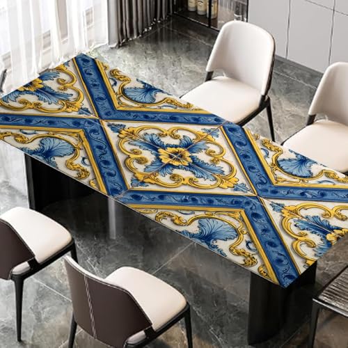Image of Vintage Blue Yellow Tile Pattern Desk Sticker, Mediterranean Floral Desktop Decor, Waterproof Table Surface Protector for Home Office, 39.37x23.62 Inch