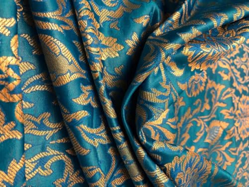 Tissu brocart de soie de prestige kaki et bleu menthe précieux
