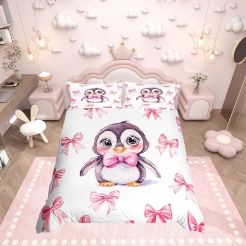 Homewish Housse de Couette 140x200 Fille Pingouin Mignon de Dessin Animé - Parure de Lit Enfant Rose Nœud Papillon - Sets de Housses de Couettes Style...