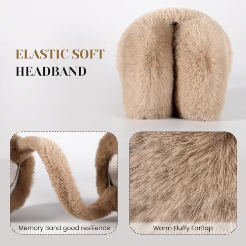 Premillow Ear muffs for Women Winter, Faux Fur Earmuffs, Cute Foldable Fluffy Ear Warmers Winter Accessories, Soft Warm Cold Weather Ears Covers for Women Men, Khaki - Thumbnail 3