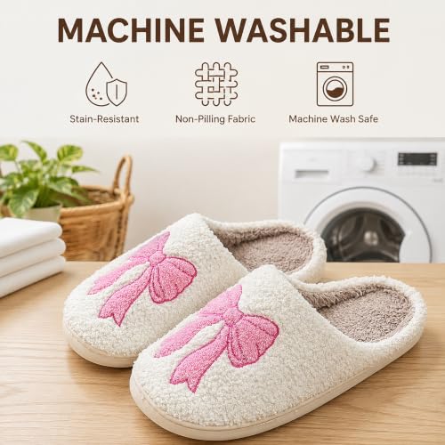 Image of Bow Slippers for Women, Girly House Shoes, Fuzzy Non Slip Sole