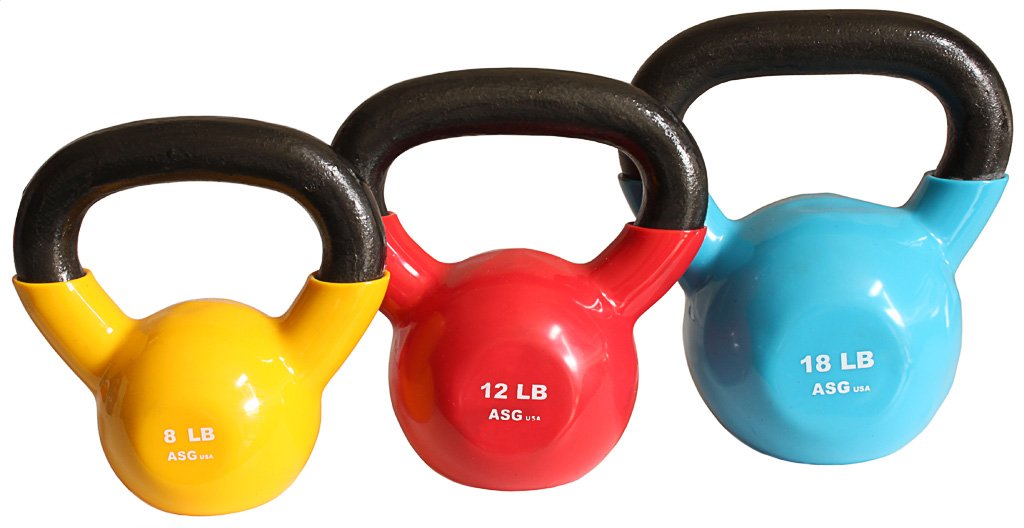 Ader Vinyl Kettlebell Set w/Rack & DVD- (5-50 Lb,+ 8, 12, 18 Lbs)