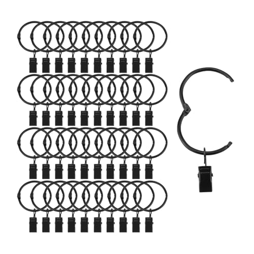 Suneration 40 Pack Openable Curtain Rings with Clips Metal Hangers Ring 1.5 inch Interior Diameter Rust Proof for Heavy Duty Vintage Decorative Drapery Eyelet Curtain Rods Black