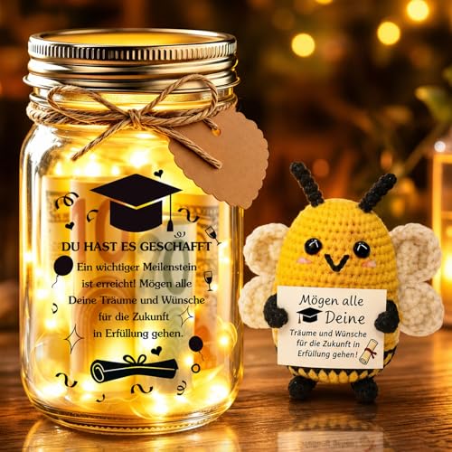 Johiux Bestandene Prüfung Geschenk Glücksbringer Bachelor Abitur 2026 Geschenke LED Flaschenlicht mit Positiver Kartoffel Bien Geldgeschenke Verpackung Graduation Gift.Pocket Hug Positive Biene.