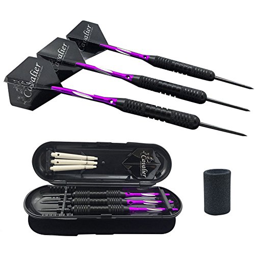 Dardos de punta de acero, 22 gramos, cuerpos rectos de aluminio, plumas de PVC, 3 unidades, con sacapuntas para dardos, morado, 22 g