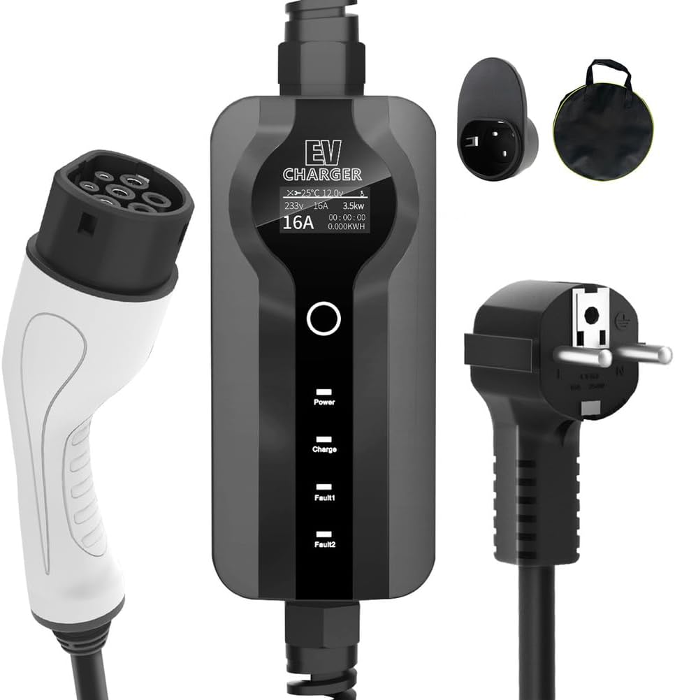 PLKEQS Cargador de Coche eléctrico 3.5kW Ajustable 8-16A estación de Carga móvil/Cable de Carga Tipo wallbox con Pantalla UI/retraso de temporización de 1-12 Horas/Bolsa de Almacenamiento IP66,15m