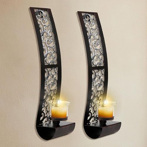 Antique Candle Sconces Wall Decor Set of 2 with Tea Light Candle Holder Metal Wall Decorations for Living Room, Dining Room & Bedroom, 14.2 x 3.5 Inch