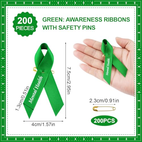 CRAFFANCY 200 Pcs Green Mental Health Awareness Ribbons with Safety Pins - Image 2