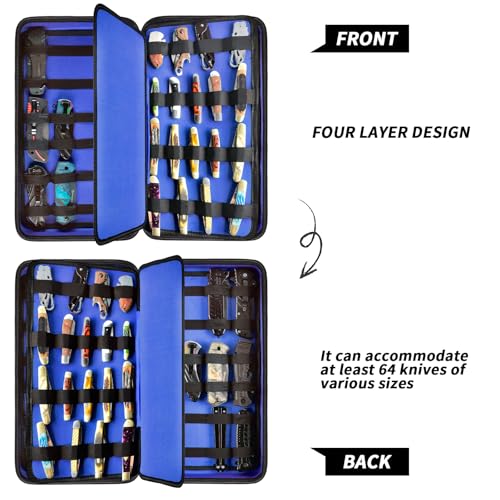 Image of GWCASE Display Case for 66+ Pocket Knives. Folding Holder, Butterfly Storage Organizer, Roll Collection Pouch Carrier Bag for Survival Tactical Outdoor for EDC Mini Knife -Blue