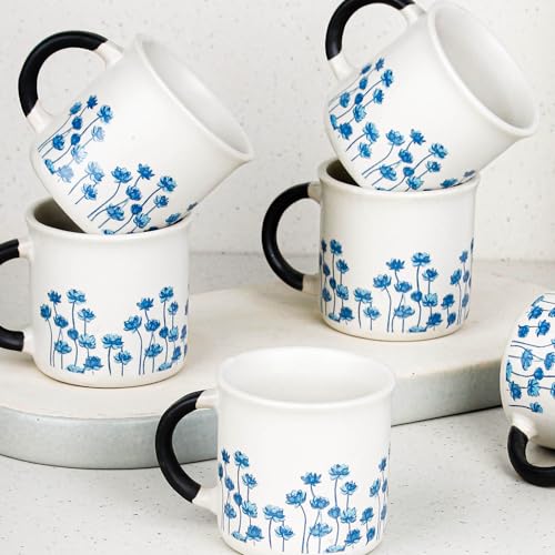 Image of The Earth Store Blue Flower Tea Cup Set of 6, 150 ML Each, Microwave and Dishwasher Safe Coffee Cups | Cup Set for Tea | Tea /chai Cups for Gifting, Home & Office Use, Every Occasion