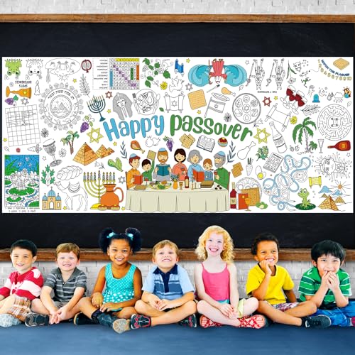 Image of Happy Passover Large Coloring Tablecloth Poster for Kids, Pesach Jumbo Coloring Paper Poster Sheets, Passover Color-in Craft Activities for Kids Festive Seder Party Supplies Decorations, 30 x 72Inch