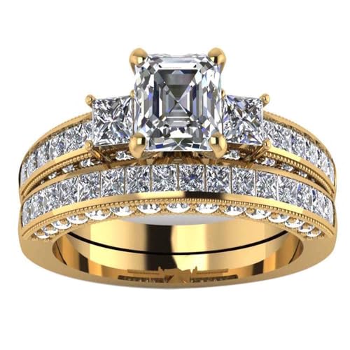 2.50/3.50 Carat(cttw) Princess-Cut Moissanite Engagement Ring Sets for Women,10K/14K/18K Real Gold 3 Stones Wedding Rings Set,Bridal Band Sets Free Engraved