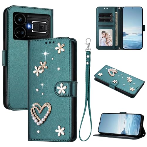 Jiajihua Case Compatible with Realme GT5 / 204W Lanyard【Card Holder Wallet Flip Cover Magnetic Buckle Kickstand】 Green